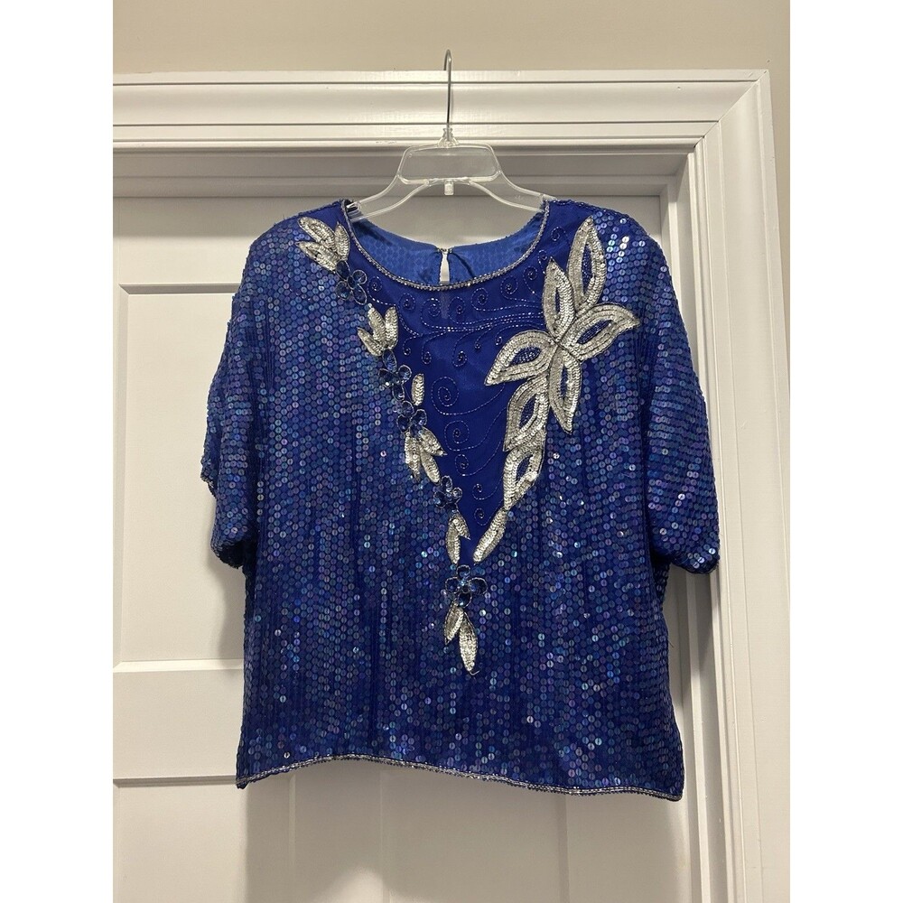 Vintage Sequin Blue & Silver 100% Silk Short Sleeve Top Size XL Game Day Party